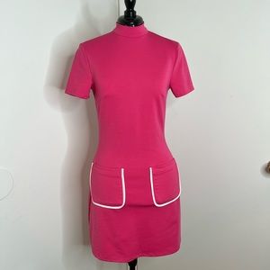 Unique Vintage Smak Parlour Mock Turtleneck Wave Maker Dress in Hot Pink